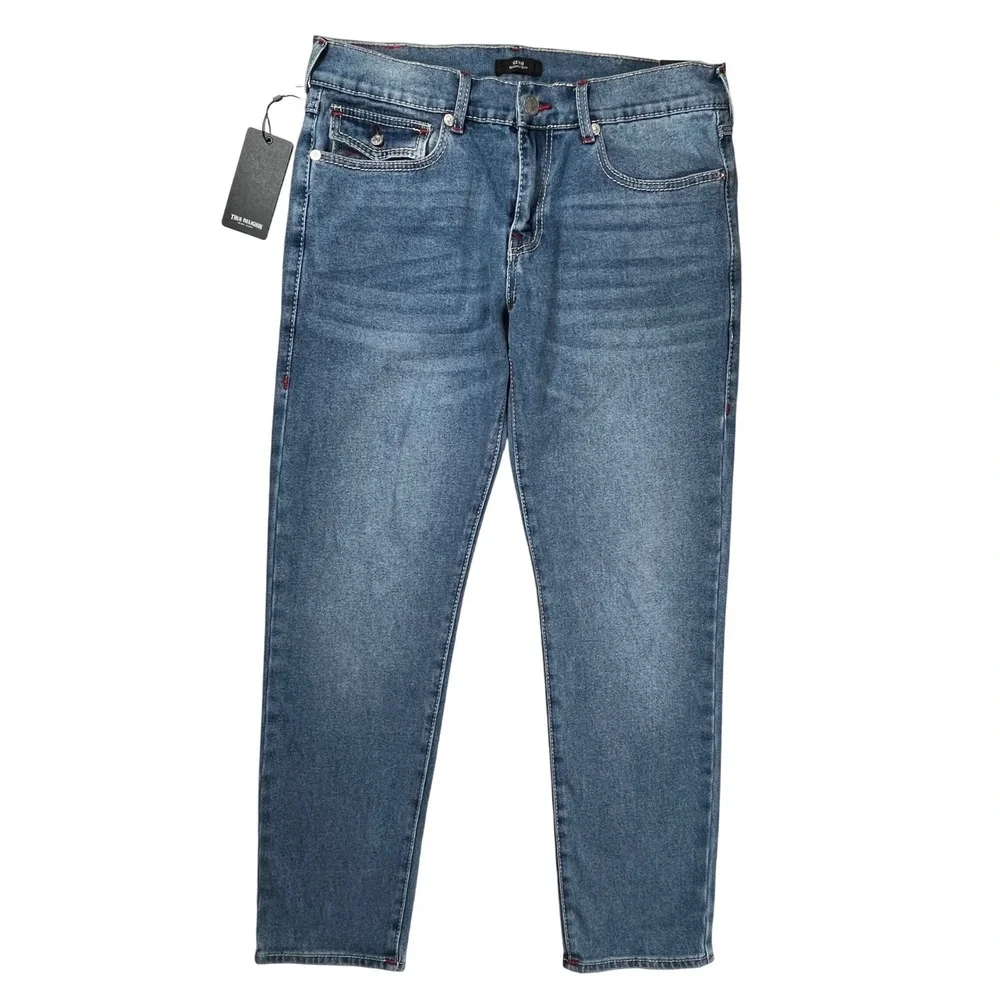 New True Religion Geno Big T Flap Jeans Men 33 Blue Relaxed Slim Red Stitch NWT